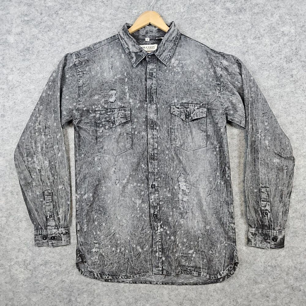 Evolution In Design‎ Men's Size 2XL Distressed Dark Gray Denim Shirt 100% Cotton